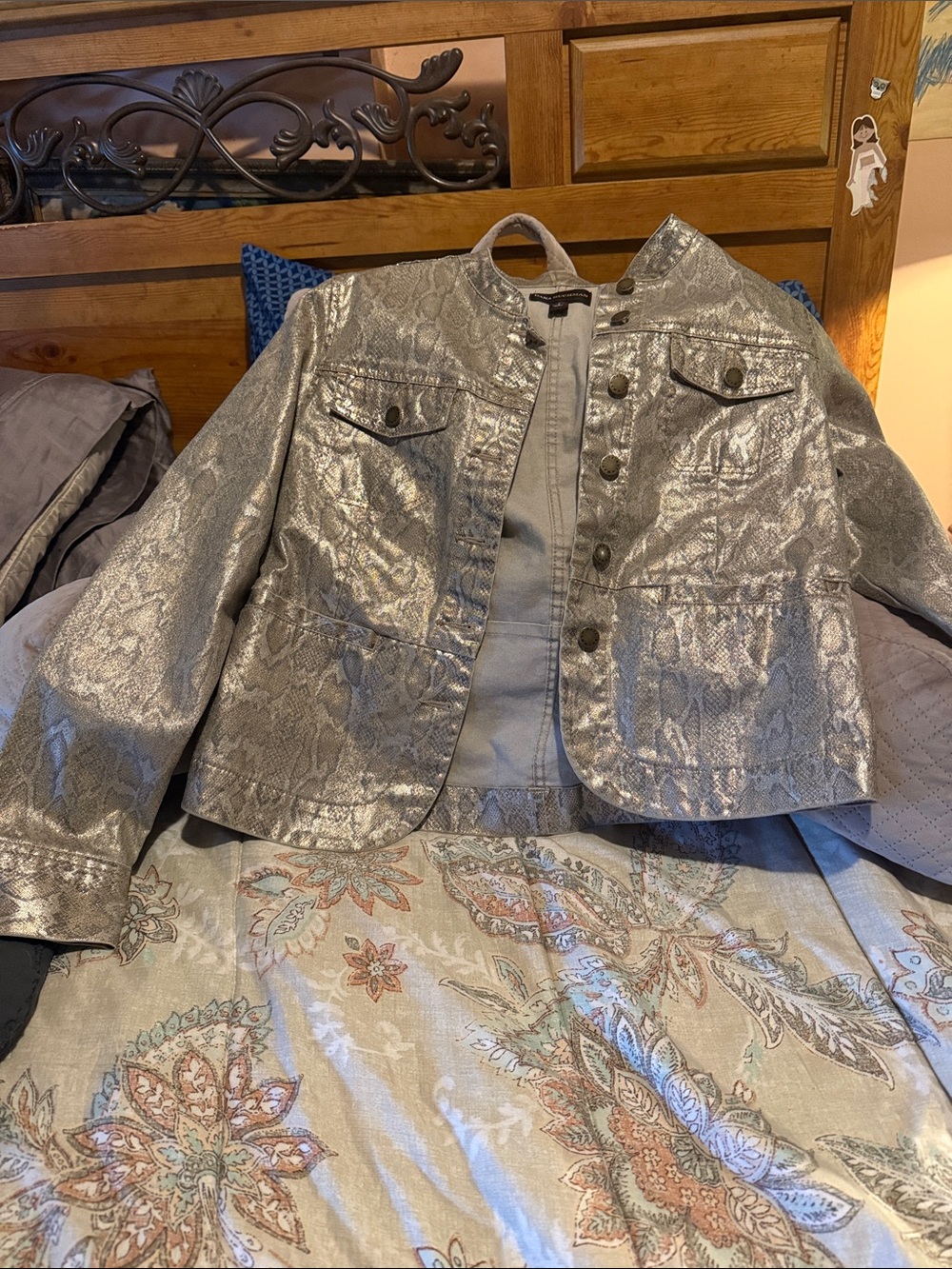 Dana Buchman Metallic Silver Textured Button Jacket